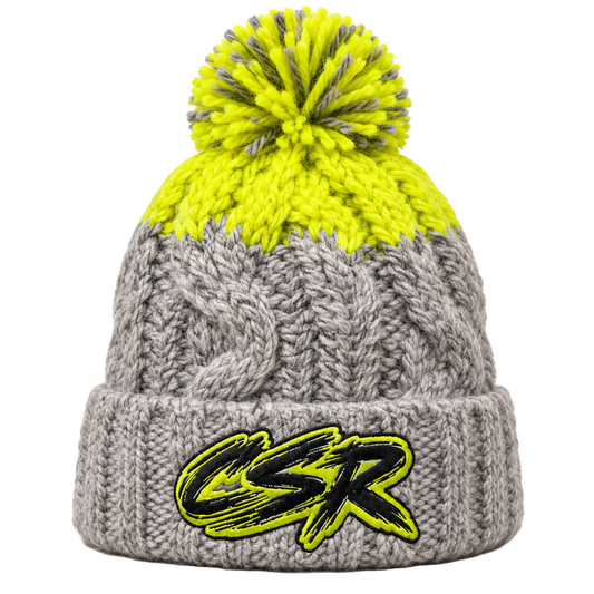 CSR Flo Yellow / Grey heavyweight multi yarn Bobble hat beanie